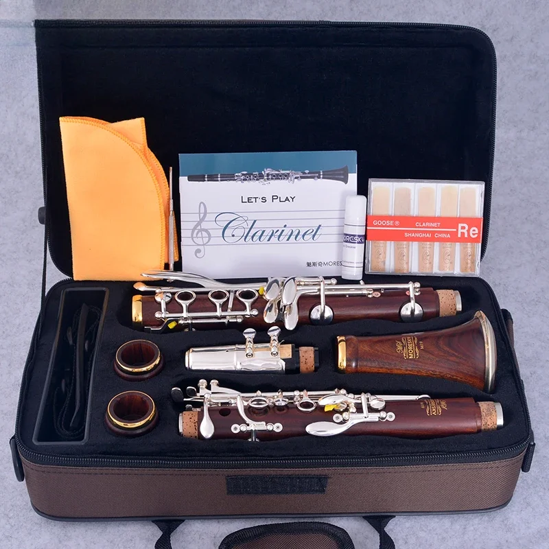 MORESKY Red Wood Professional Clarinet Rosewood Bb Silver Plated17 Keys Solid Wood Mopane Sib Klarnet M19(OEM)