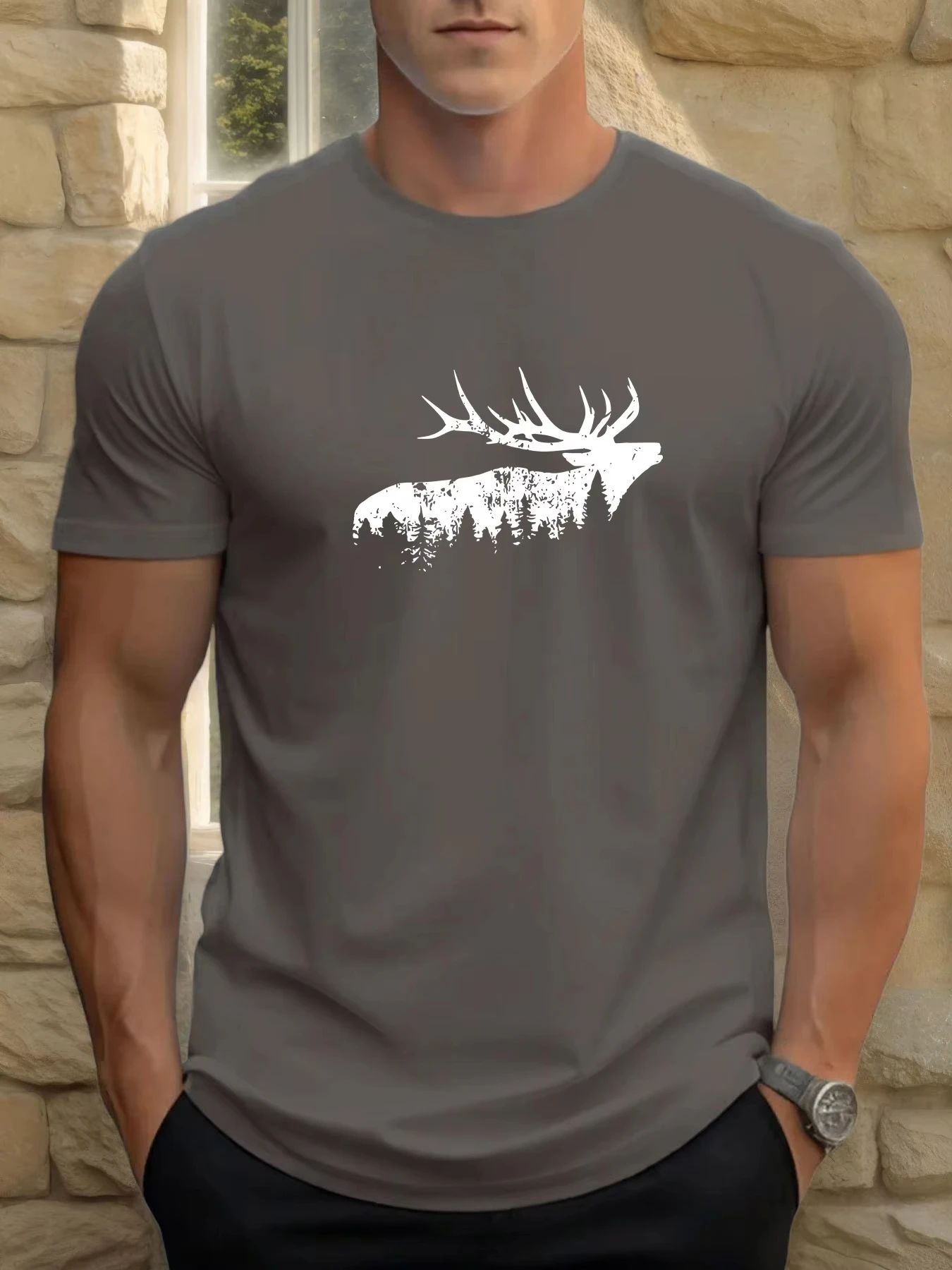 Reindeer Pattern Printed Men's T-shirts Summer Casual Sports Fashionable High Quality Round Neck Short Sleeved Pullover Tops