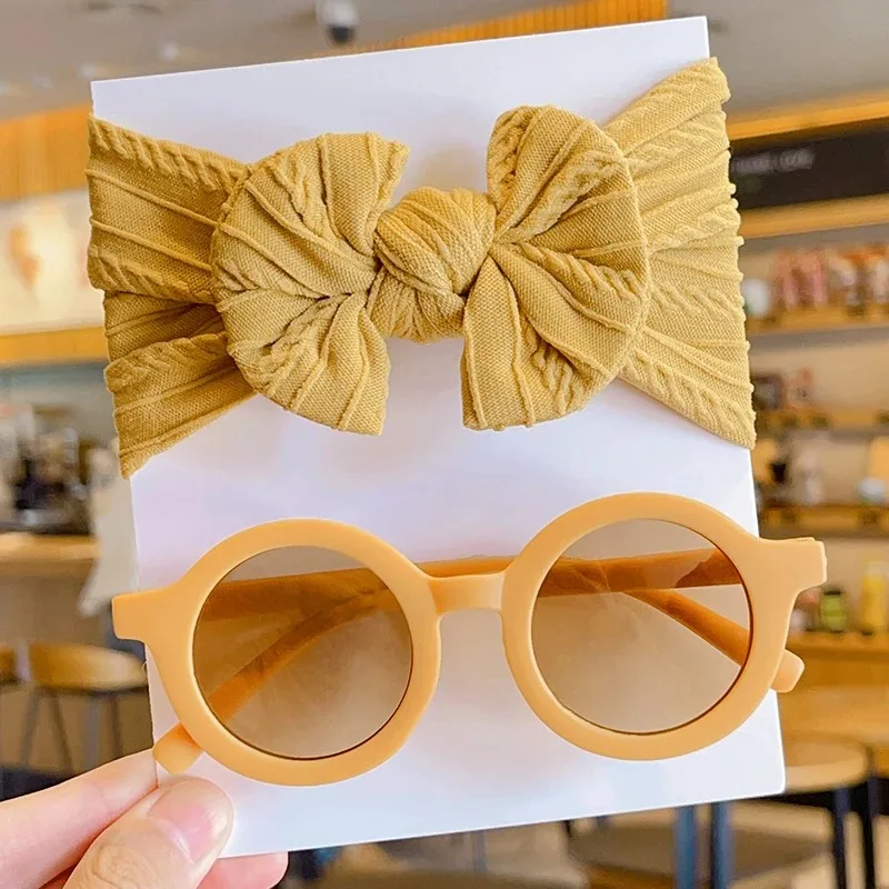 2 Teile/satz Neue Kinder Nette Farben Weiche Bowknot Breite Haarbänder Mode Runde Blume UV400 Sonnenbrille Set Kinder Haar Zubehör – Detail 8