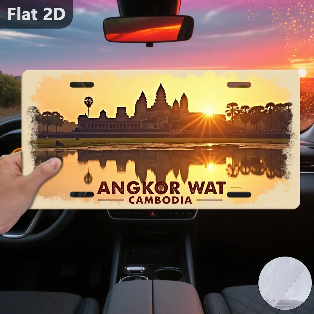 Plaque vintage 2D plate, 1 pièce, souvenir de voyage Angkor Wat Cambodge coucher de soleil, décoration d'Halloween, cadeau, déco