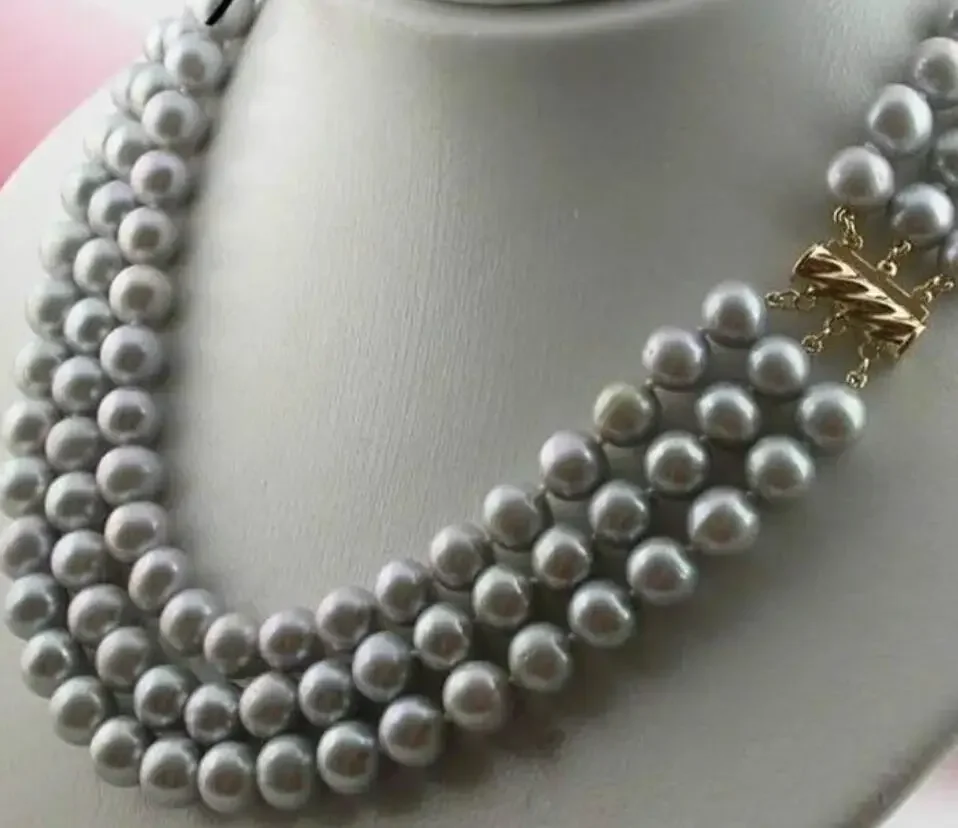 

triple strands 8-9mmsouth sea round silver grey pearl necklace 17"18"19"