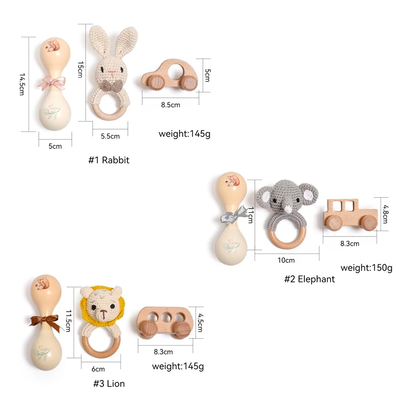 3 STKS Gehaakte Dierenbeer Rammelaar Speelgoedset Fopspeen Armband Houten Bijtring Ring Baby Product Mobiele Kinderwagen Wieg Houten Speelgoed Geschenken