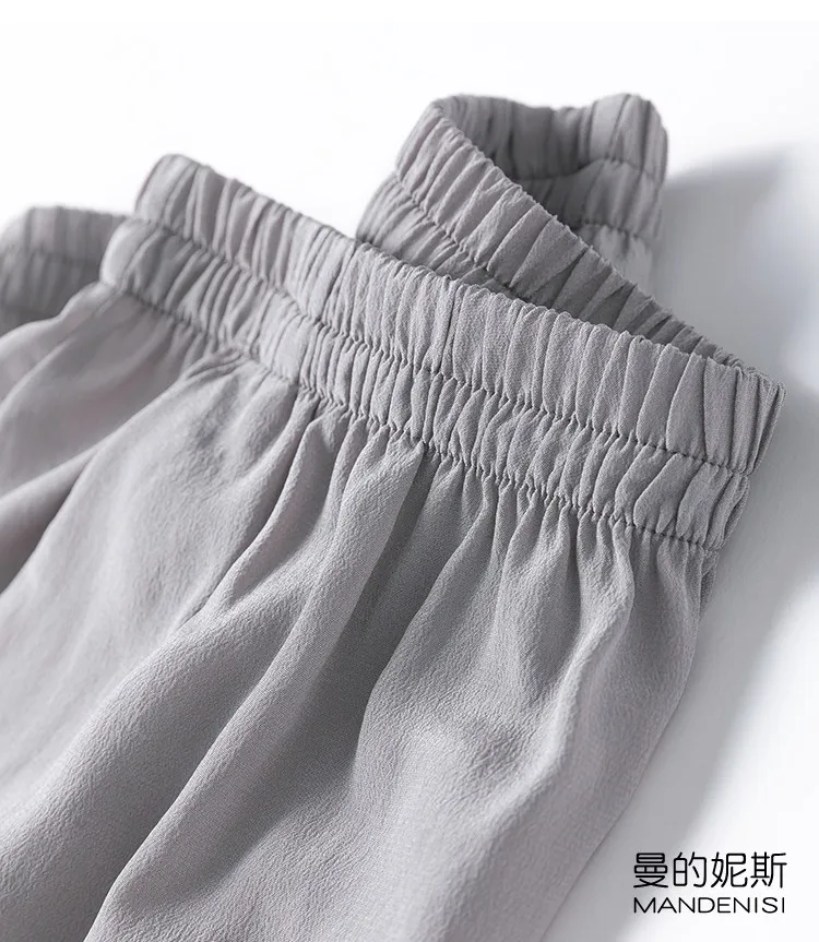 Tcyeek 100% Natural Silk Pants Women Summer Clothes Casual Elastic Waist Wide Leg Pants Solid Color Woman Trousers Streetwear