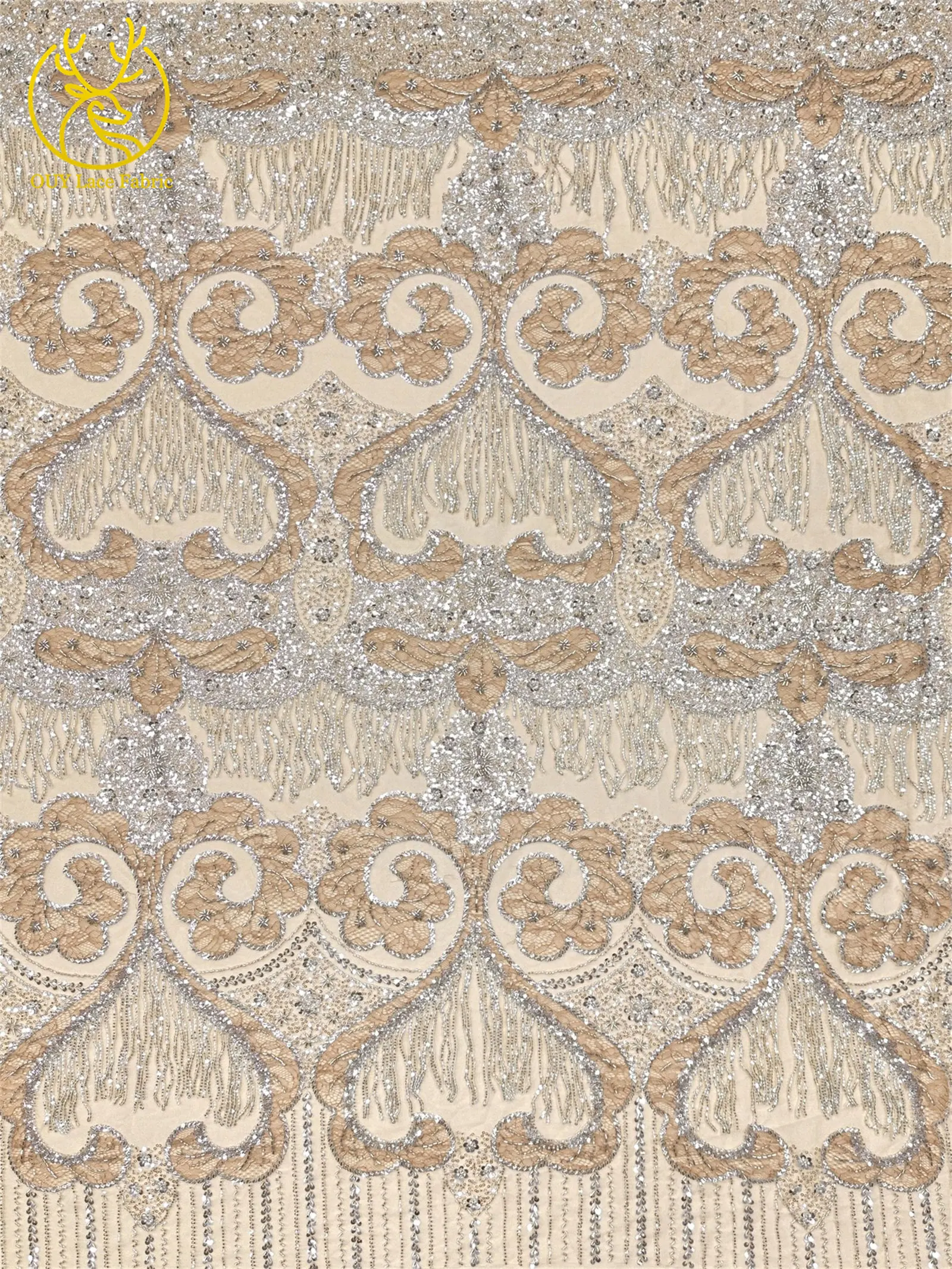 Goldene französische 3D-Laser-Quasten-Perlen-Spitze, luxuriöser afrikanischer Pailletten-Spitzenstoff, nigerianischer Mesh-Spitzenstoff für Damen-Hochzeiten – Detail 6