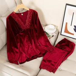 Winter Sleepwear Pyjama Pour Femme Female Pink Velvet 2Pcs Sexy Lace Trim Nightwear Loose Velour Pajamas Set Autumn Home Wear