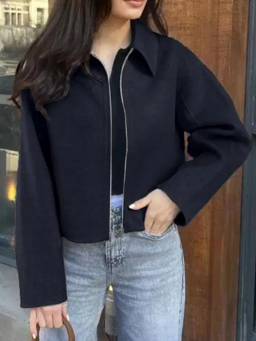 Autumn and Winter Solid Color Lapel Casual Simple Short Jacket for Women Commuting British Style Fashionable Short Jacket