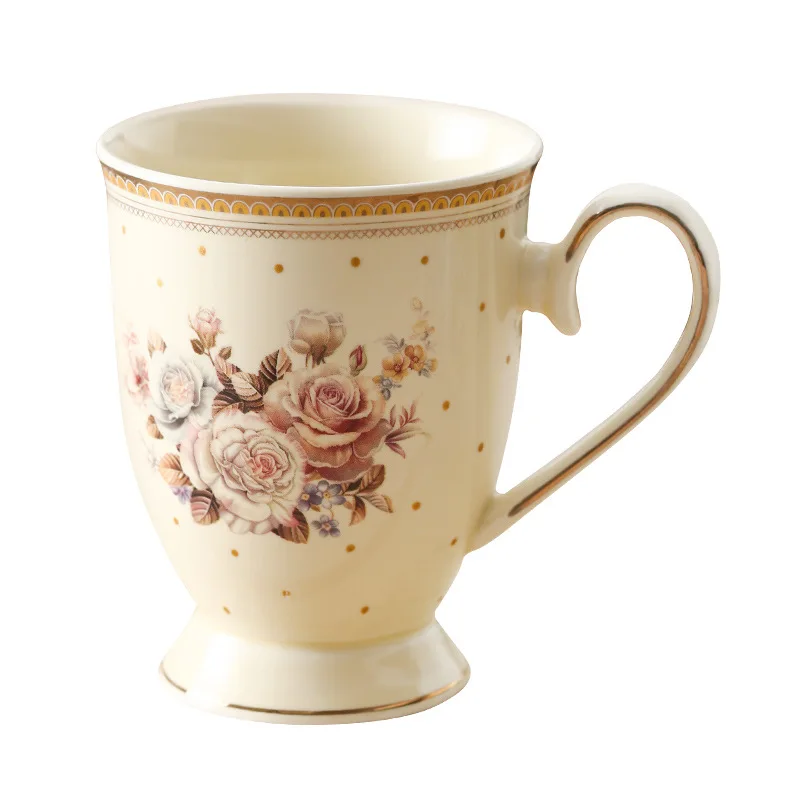 Factory Direct Compatible with French Beige Polka Dot Ceramic Coffee Cup Home Tea Cup Gold Rose High Stem Handle Mug