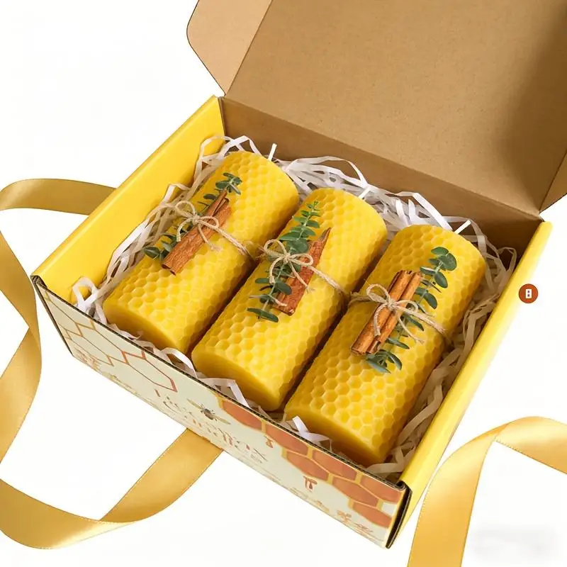 10x5cm Cinnamon & Eucalyptus Decorated Beeswax Pillar Candles, 3-Pack Unscented Dripless Smokeless Large Candles, Black/Purple/Red/Yellow Multi Color Options, for Holiday Table Decor, Dinner Party & Warm Cozy Home Ambiance Decoration