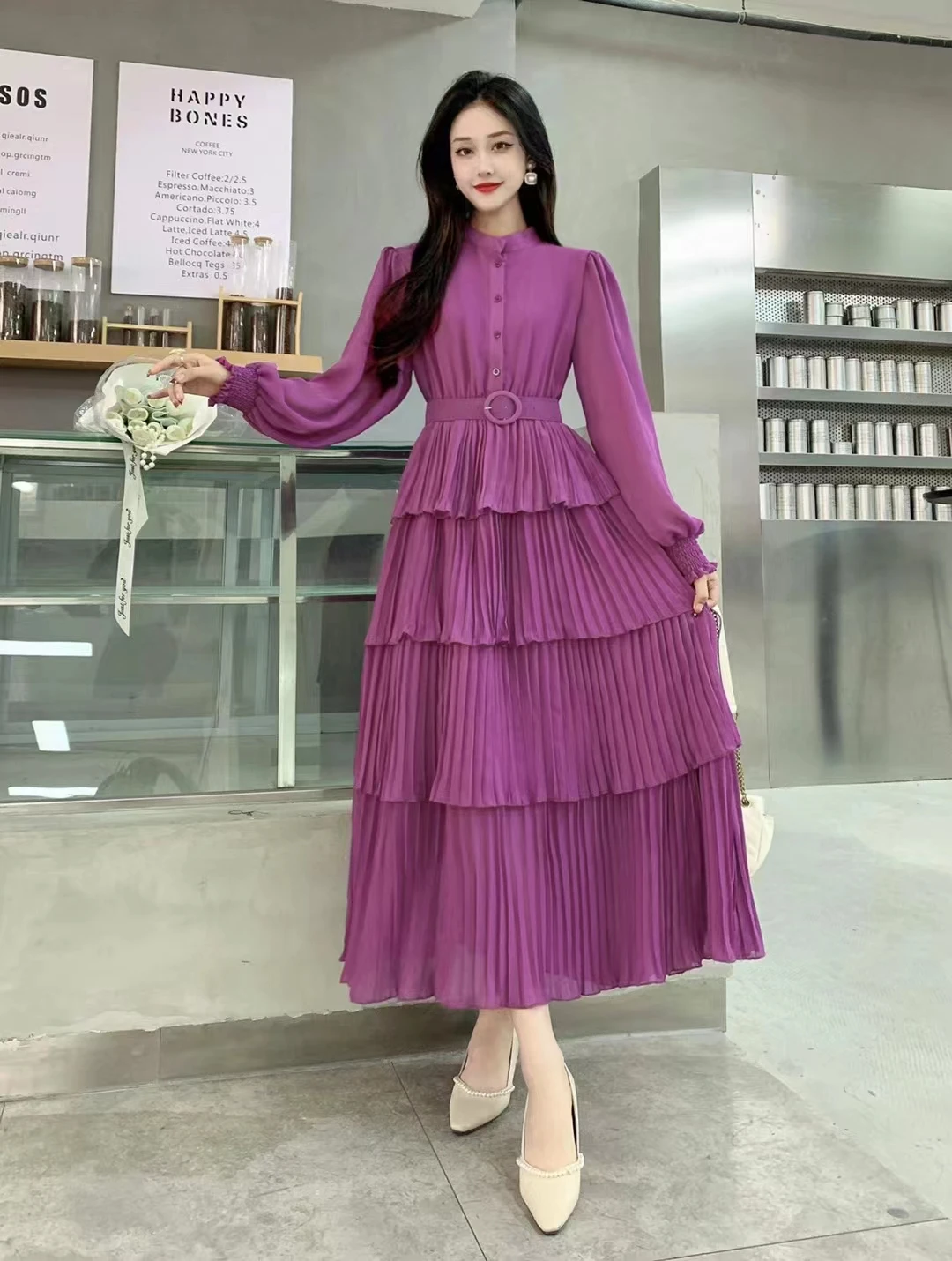 2024 New Spring Autumn Women Long Sleeve Belt Slim Long Dress High Quality Sweet Pleated Cake Hem Evening Party Dress