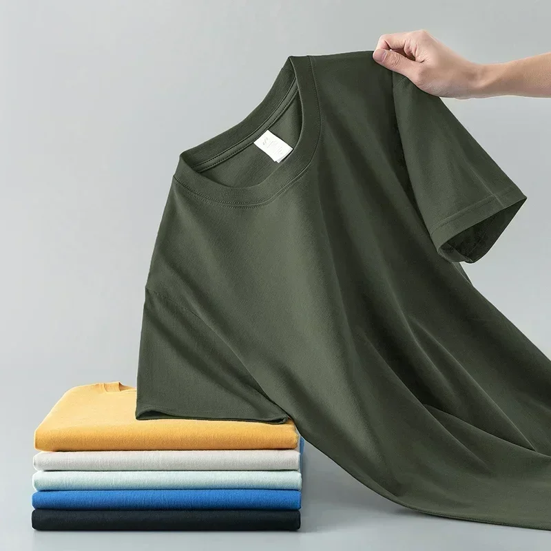 Heavy Cotton Men's Short Sleeve T Shirt Solid Color Summer Cotton Bottom Shirt Half Sleeve 100% Long Fleece Cotton T Shirt image 4
