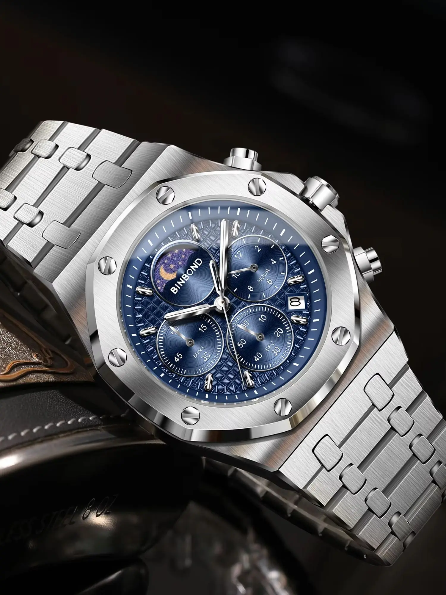 BINBOND Neue Original Chronograph Quarzuhren für Herren Leuchtend Wasserdicht Automatisches Datum Tag & Nacht Edelstahl Luxus-Uhr