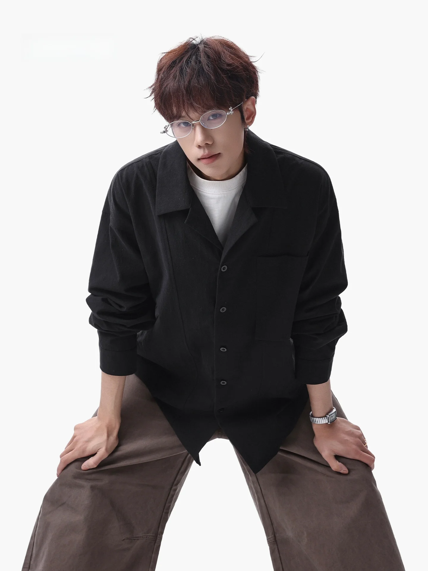 

Bla Cuban Collar Long Sve irt Casual Sle Men's Faion Workwear Leisure Suit Cotton Blend Resistant to Deformation