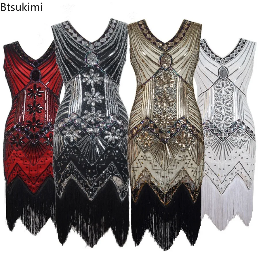 1920s Retro Dress Women Beaded Sequin Fringed Skirt with Rhinestone Embroidery V-Neck Tassel Gatsby Cocktail Party Evening Dress