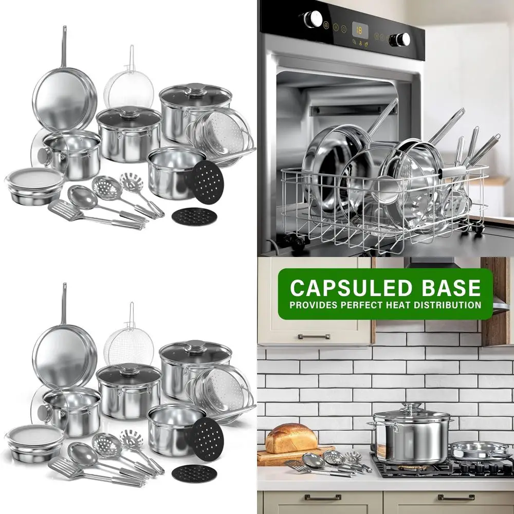 

Stainless Steel 18-Piece Cookware Set with Glass Lids, Steamer, Salad Bowl, Fryer, and Accessories in Silver