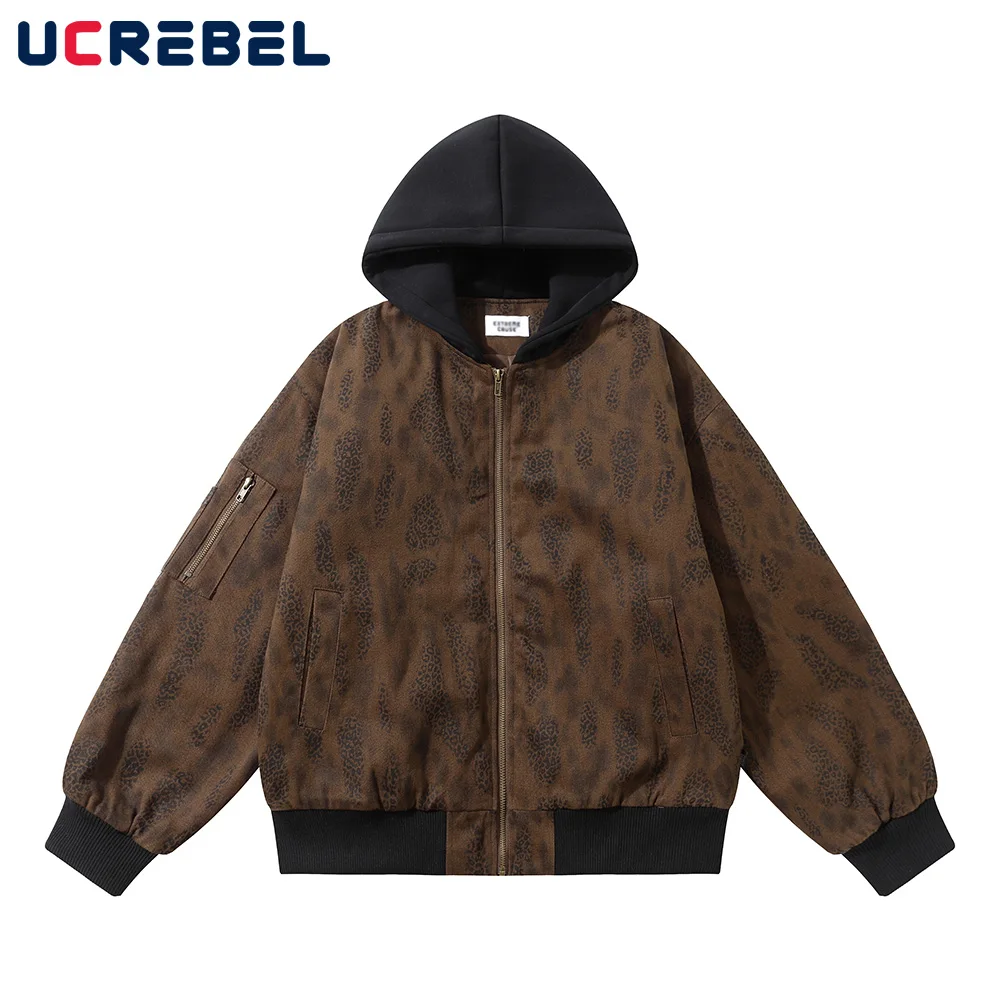 Snake Print Quilted Jacket Mens Spliced Hooded Retro High Street Autumn Winter Pocket Long Sleeve Thick Outerwear Men