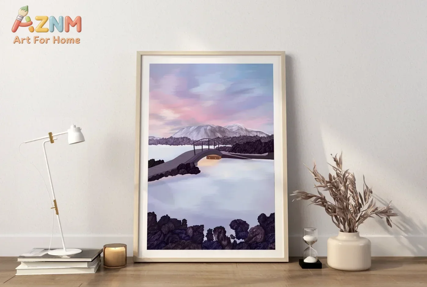 AZNM Mountain Lake Bridge Canvas Wall Art Pastel Sunset Scenery Abstract Landscape Art Print Unframed Canvas Poster for Home Dec