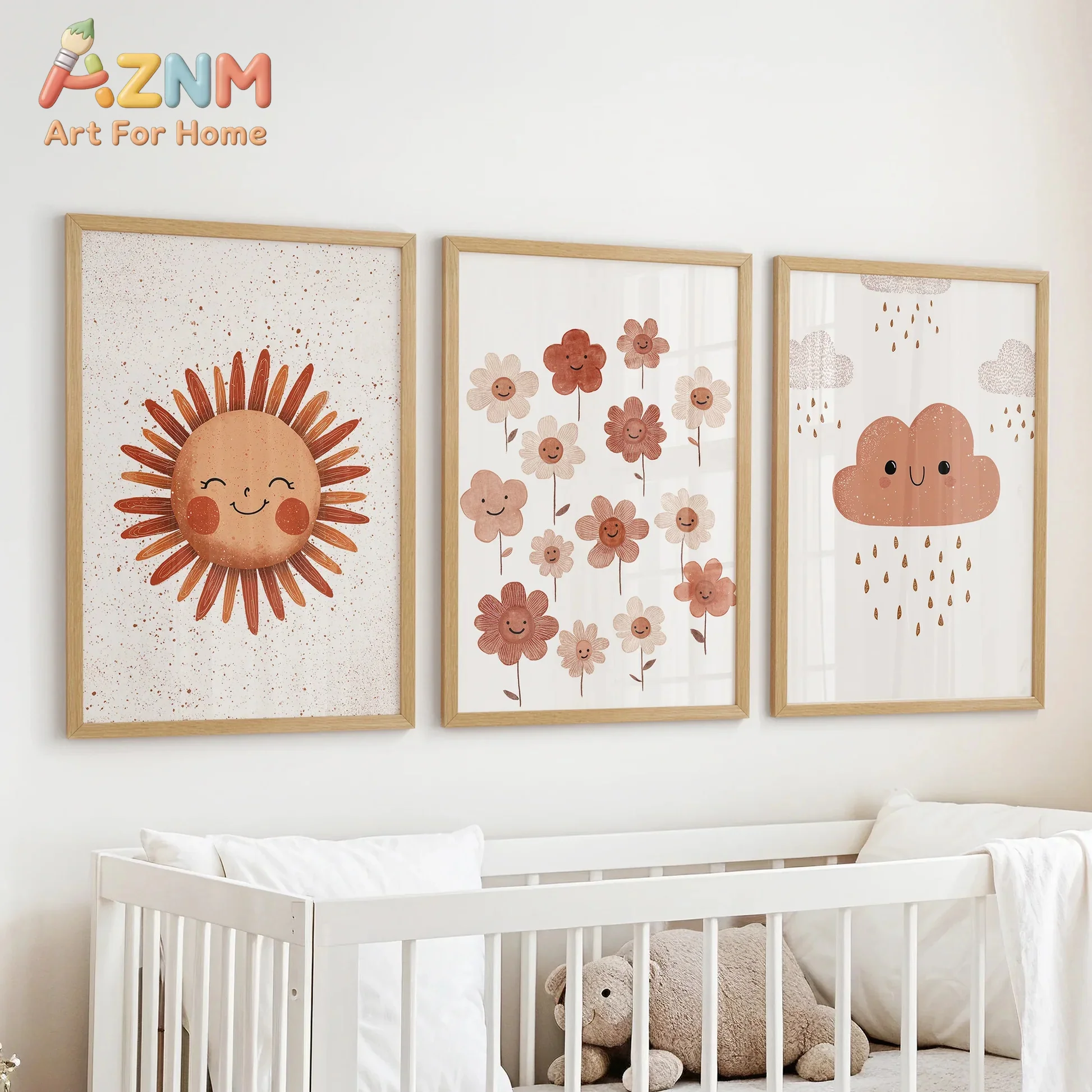 AZNM Boho Sun Flower Cloud Canvas Wall Art Frameless Poster Cute Cartoon Print Home Wall Decor for Baby Nursery Kids Bedroom Dec