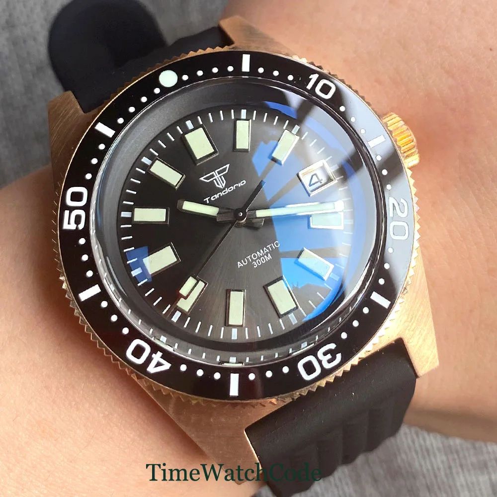 Tandorio 41mm 20ATM Men's Automatic Watch Solid Bronze CUSN8 Domed Sapphire Crystal PT5000/NH35A C3 Lume Hands Date Waffle Strap