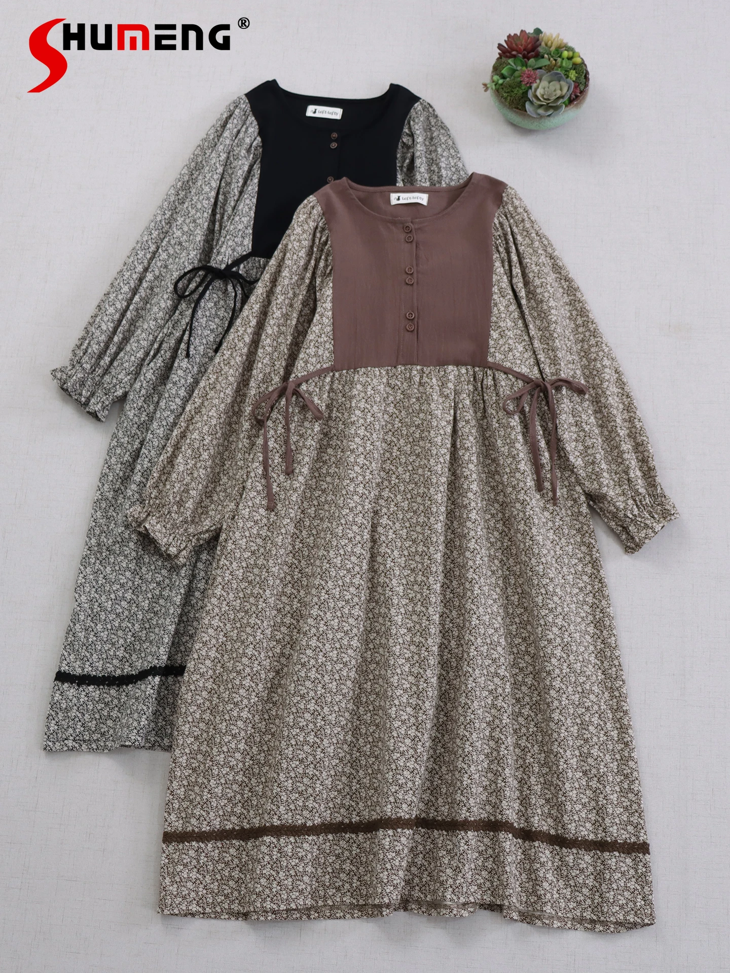 

Japanese Mori Girl Style Elegant Sweet Floral Vintage Dress Round Neck Lantern Sleeve Loose Lace-up A-line Long Dress For Women