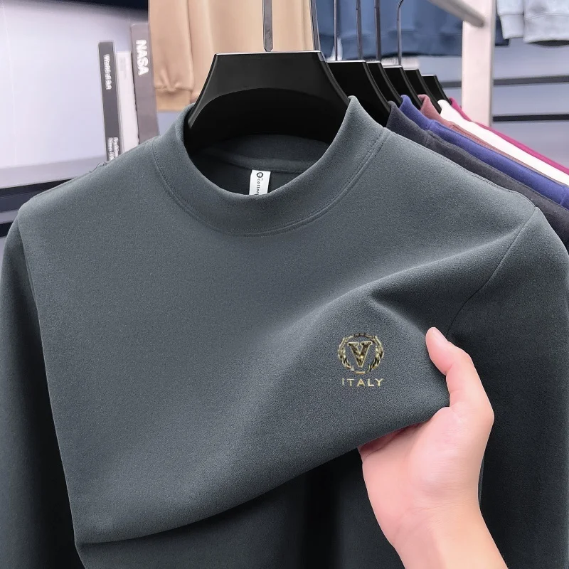 High end trend brand long sleeve men's T-shirt comfort velvet autumn winter warm sweater new fashion letter embroidery pullover