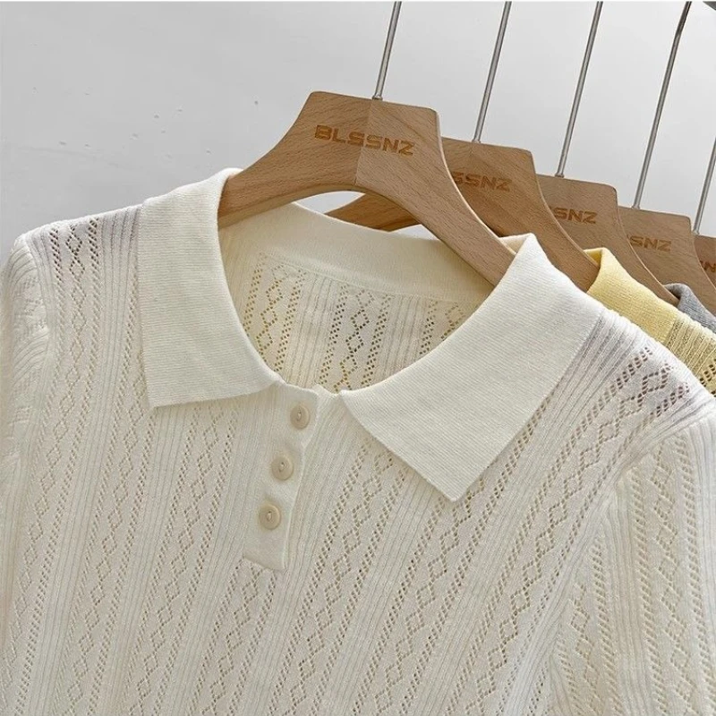 Matakawa Solid Knitted T-shirts Hollow Out Thin Spring Summer Sweet T Shirt for Women Korean Fashion Elegant Ropa De Mujer image 6