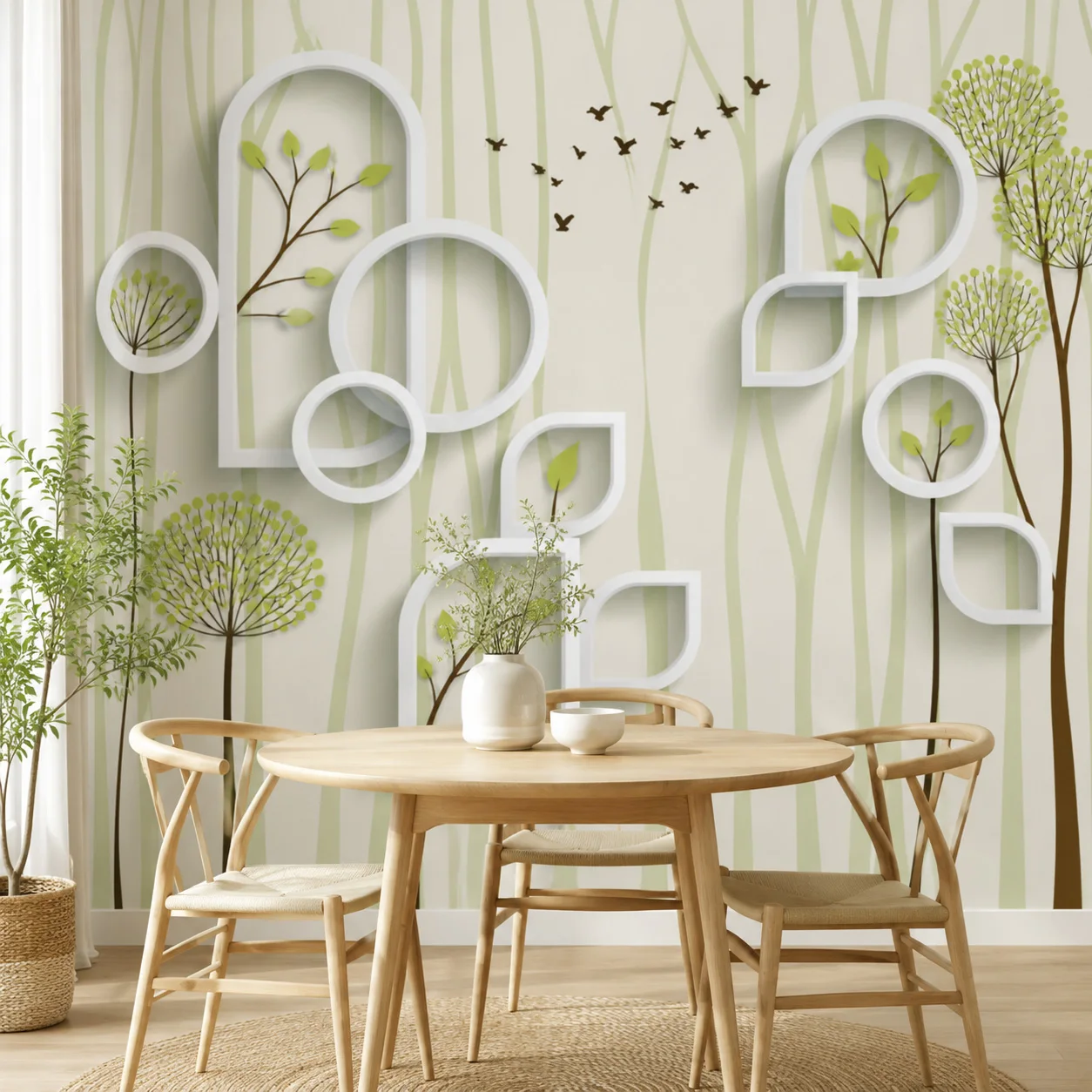 3D Green Botanical Circle Wallpaper Mural Nordic Leaves Modern Living Room Bedroom Wall Decor Non Self Adhesive Requires Glue
