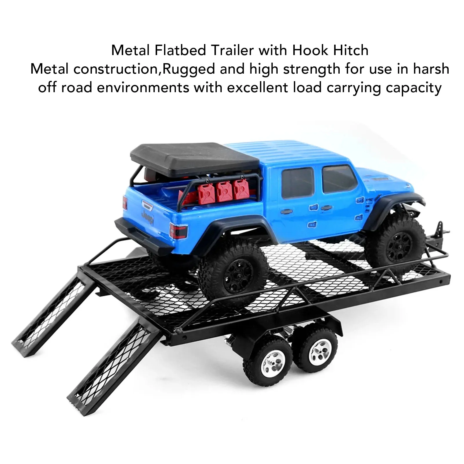 Metal Flatbed Trailer with Hook Hitch Heavy Duty High Stability RC Dual Axles Metal Flatbed Trailer Kit for RC Crawler