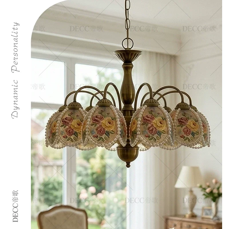Y  French retro painted rose pearl pendant light, bedroom dining room pendant light, creative floral lighting fixtures