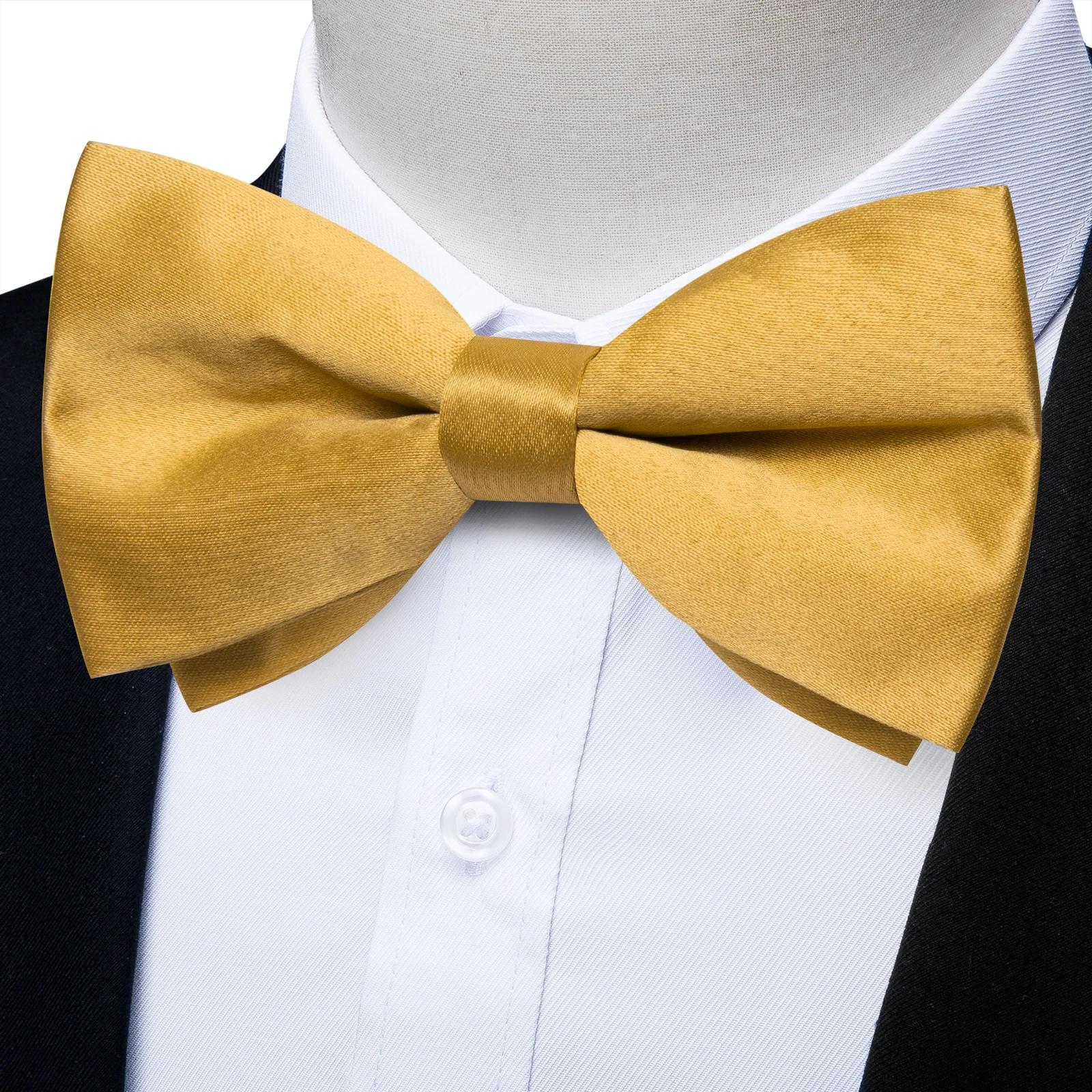Klassische vorgebundene Fliege für Herren, Accessoire, goldfarbene Herrenfliege, Einstecktuch, Manschettenknöpfe, Set, Hochzeit, Business, Schmetterlingsknoten, Geschenke – Detail 2