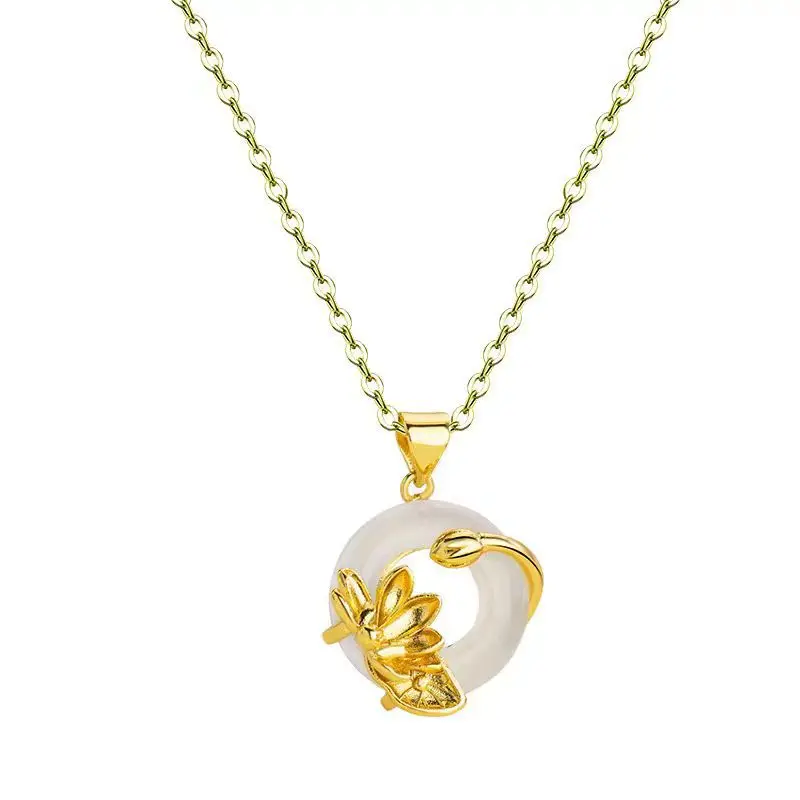 

Necklace women's plated 24k gold lotus round chalcedony popular fashion jewelry couple gift