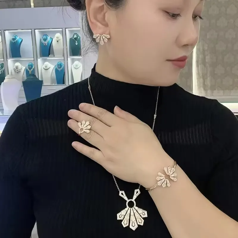 Designer Fashion Ring Earrings Bracelet Necklace Inlay Cubic Zircon Mother Of Pearl Malachite Turquoise Party Jewelry Sets