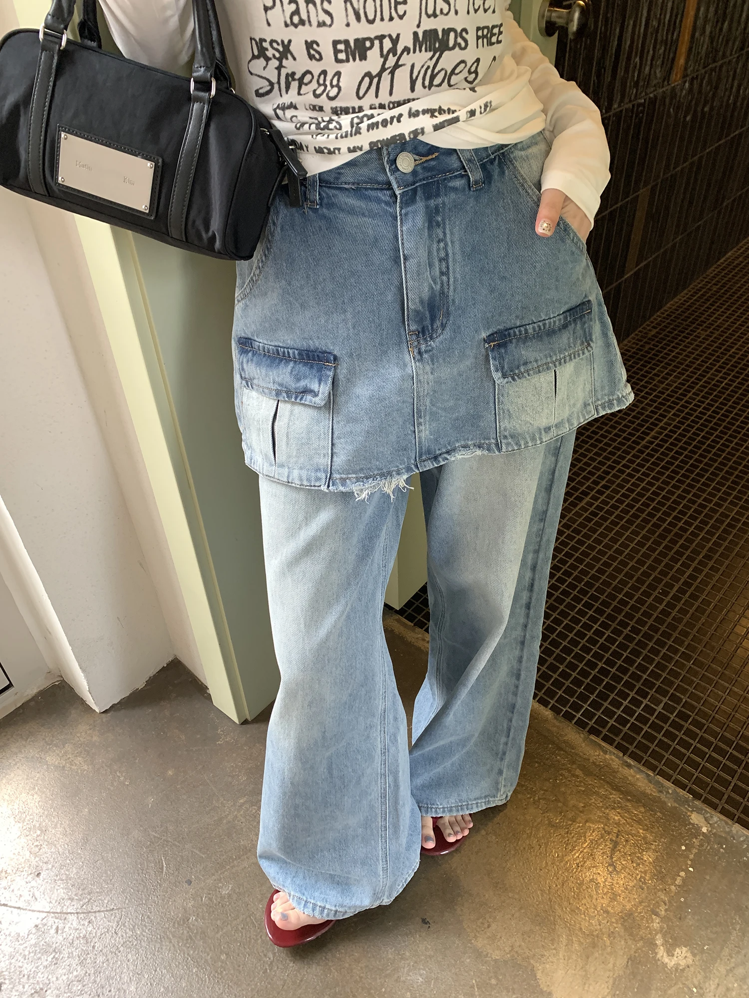 

High Waist A-Line Denim Skirt Pants Women's Spring Summer Straight Leg Slimming Drapey Fake Two-Piece Denim Jeans