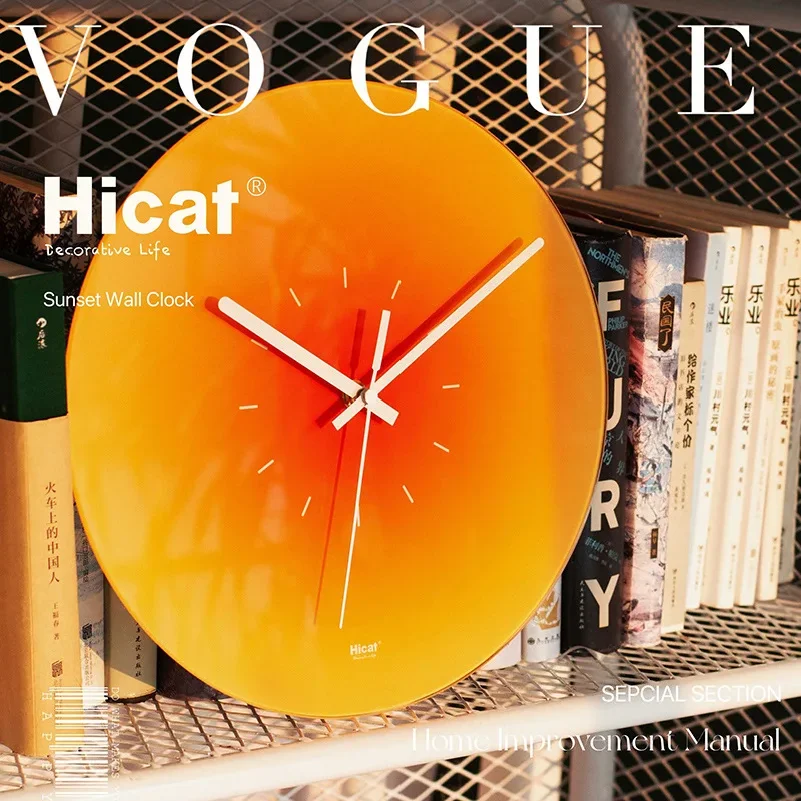 Nordic Sunset Wall Clock Celebrity Ins Light Luxury Living Room Punch-free Creative Decoration Mute Simple Glass Clock
