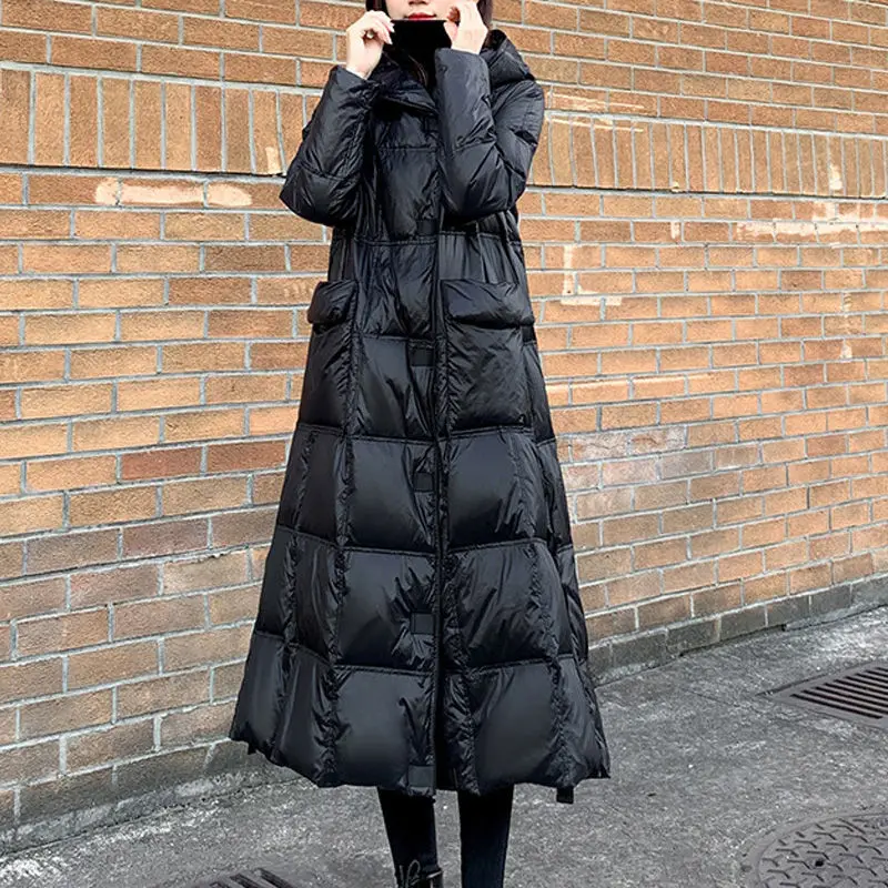 Chaqueta de plumón larga con capucha para mujer, chaqueta de plumón de gran tamaño, invierno 2025