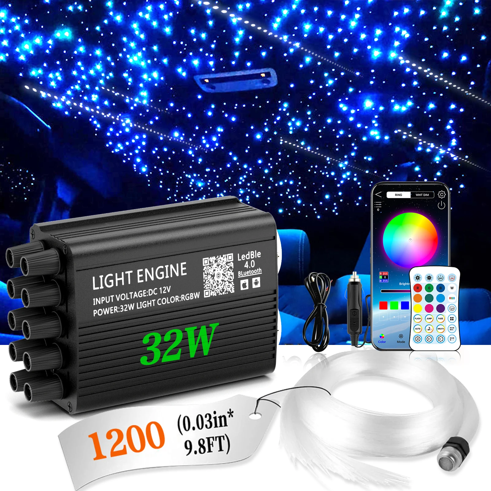 Dual Port 32W Twinkle Meteor Starlight Headliner Light Kit with 1200pcs Fiber Optical RGBW Light APP/Remote Control for Car/Home image 3