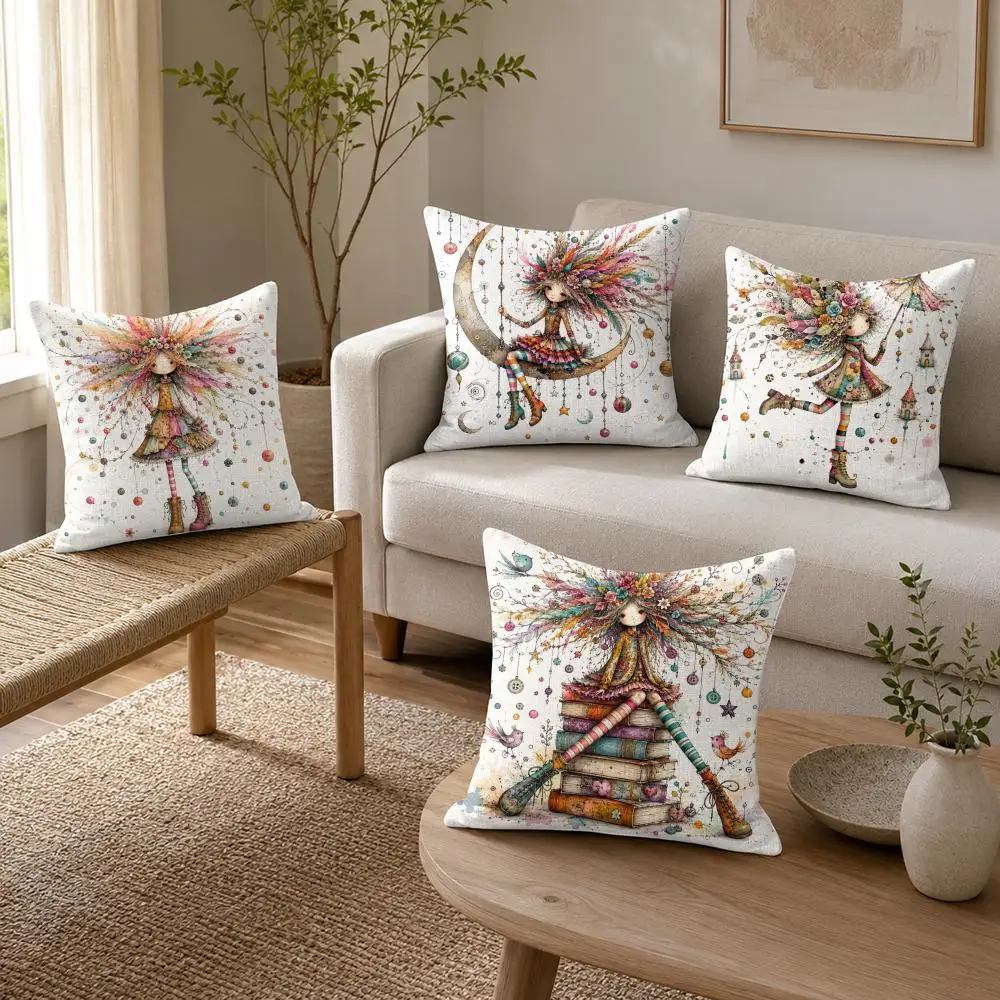 Simple Girl Drawing Cushion Cover Organic Linen Throw Pillow Cover - Double-Sided Print Breathable Cushion Case Home Decor