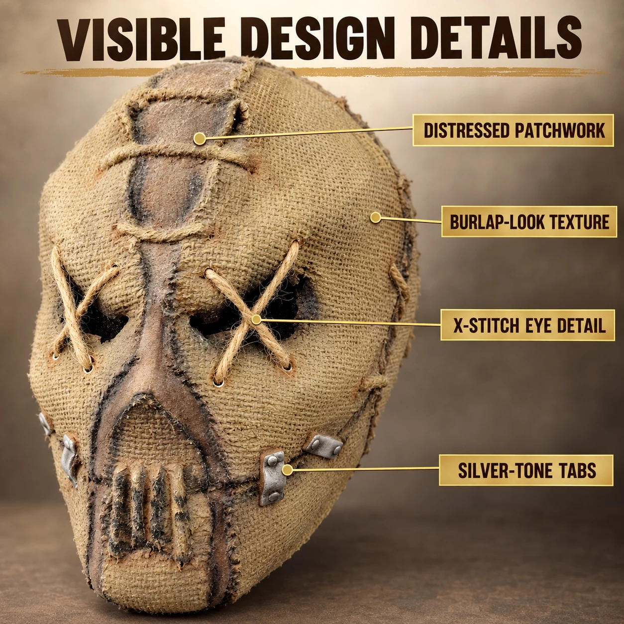 Totenkopfmaske im Jute-Look, Ganzkopf-Vogelscheuche-Kostümmaske mit X-Stich-Augendetails für Halloween-Party und Cosplay – Detail 6