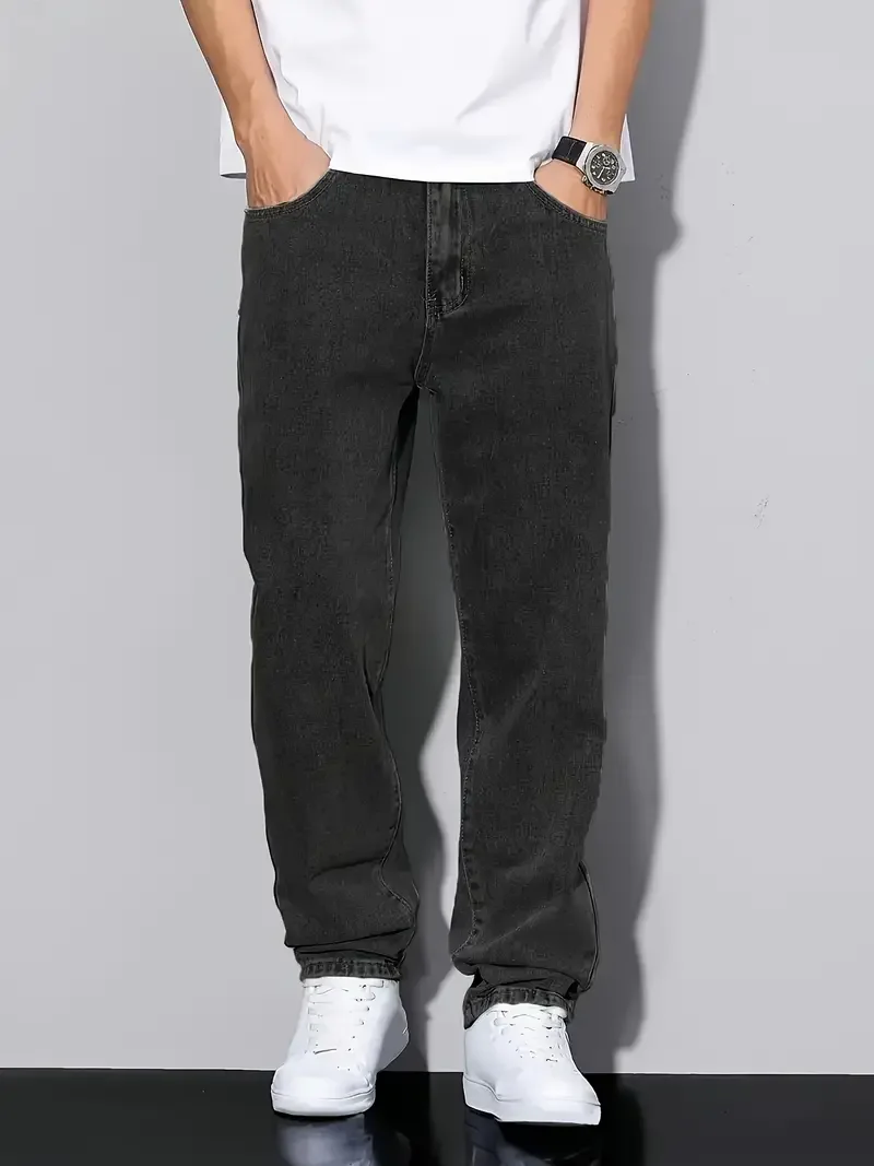 

[Classic Black Denim Jeans] Classic Black Denim Jeans - Cotton Blend, Versatile All-Season Wear, Non-Stretch Fabric, Regular Fit