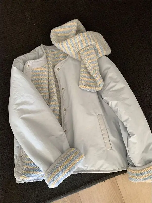 

Korean Style Sweet Double-Sided Wear Fleece Cotton Jacket Women's Thickened Winter Coat with Scarf Versatile Loose Fit Top