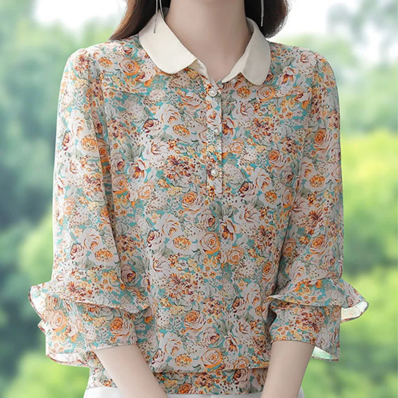 Elegant Fashion Printed Ruffles Chiffon Shirt Spring Summer Polo-Neck Female Clothing Three Quarter Sleeve Casual Loose Blouse