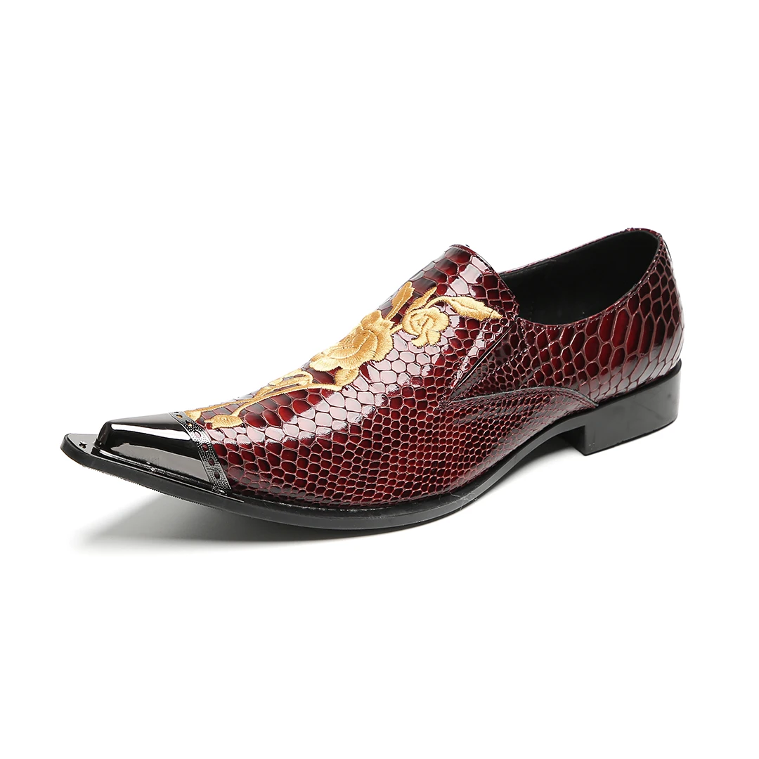 Schwarze Herren-Kleiderschuhe aus Leder mit goldener Blumenstickerei | Schlange – Hautstruktur und spitzes Zehen-Design – Detail 12