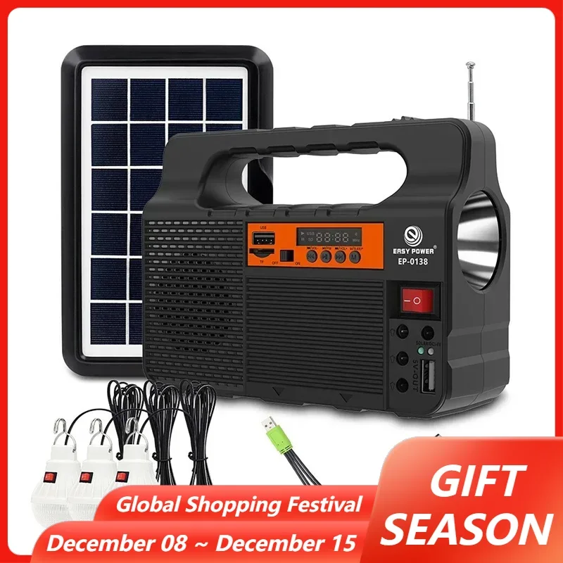 Solar Outdoor Flashlight Lamp Portable Energy Storage Power Supply Small System with 3pcs LED Bulbs Speaker Radio for Camping