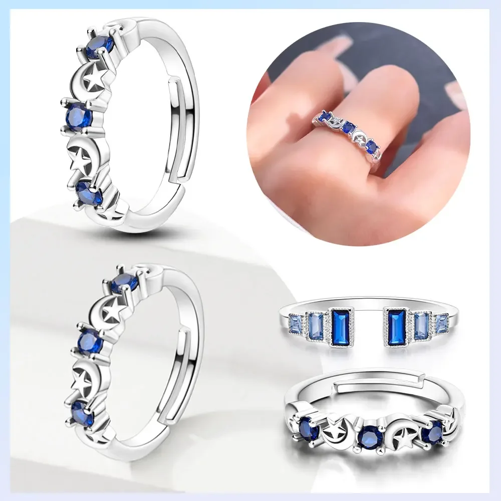 Ring aus Sterlingsilber 925, vergoldet, Stern, Mond, Nacht, quadratische Öffnungsringe für Damen, hochwertiger edler Schmuck, Hochzeitsgeschenk