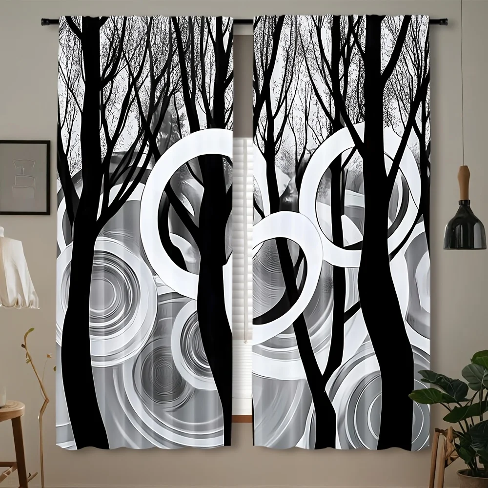 Modern Black White Tree Ring Curtain 2 Pack, Abstract Swirl Circle Silhouette Print Drapes Minimalist Bedroom Living Room Decor