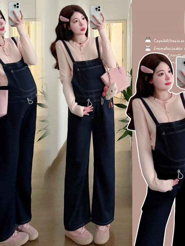 

Женские джинсовые комбинезоны Materni: вязаные брюки-карго с завязками на талии, осенне-зимний комплект, повседневная одежда, розовый базовый цвет