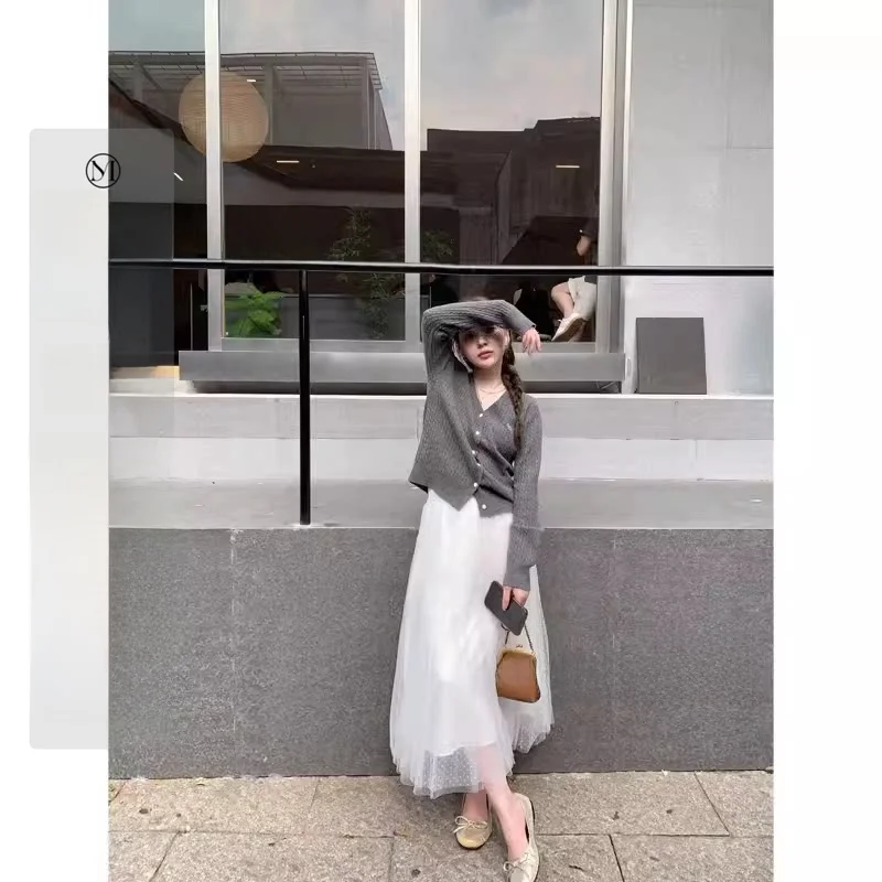 

Spring Summer Polka Dot Patchwork Me f Skirt High Waist a Line Midi Skirt Korean Sle Women's Premium Faion Skirts