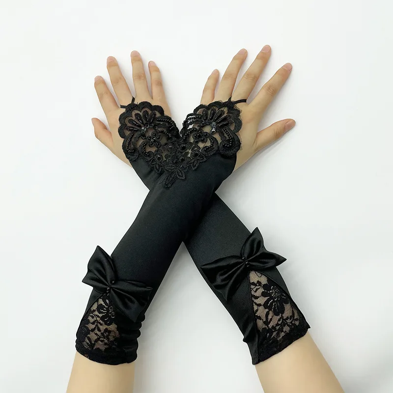 Guantes de satén con lazo para mujer, etiqueta bordada suave, Sexy, sin dedos, gancho de dedo, estilo Retro, accesorios de vestido de noche