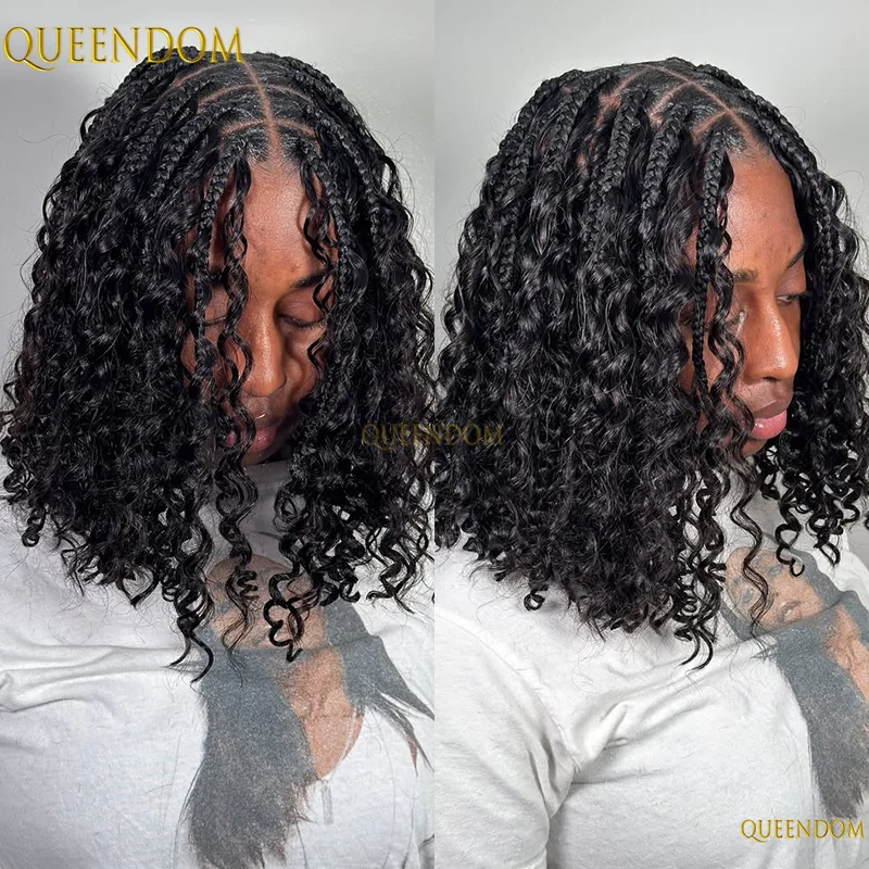 

12-дюймовые короткие парики в стиле бохо, синтетический плетеный парик без узлов, кружевной передний парик, косички с детскими волосами, афро-богемный стиль для женщин