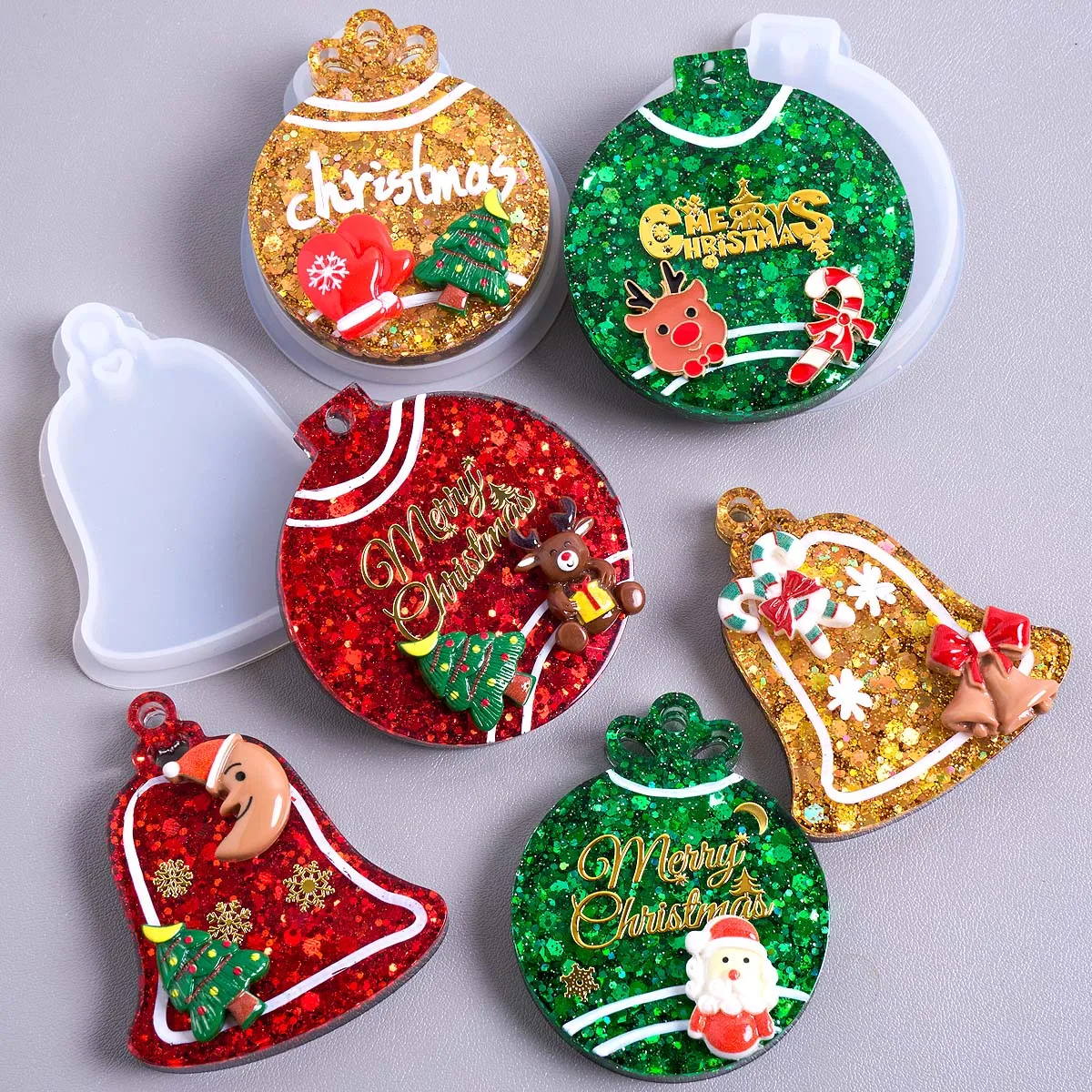 Xmas Tag Pendant Silicone Mold DIY Handmade Round Bell Keychain UV Epoxy Resin Plaster Craft Casting Molds Christmas Tree Decor