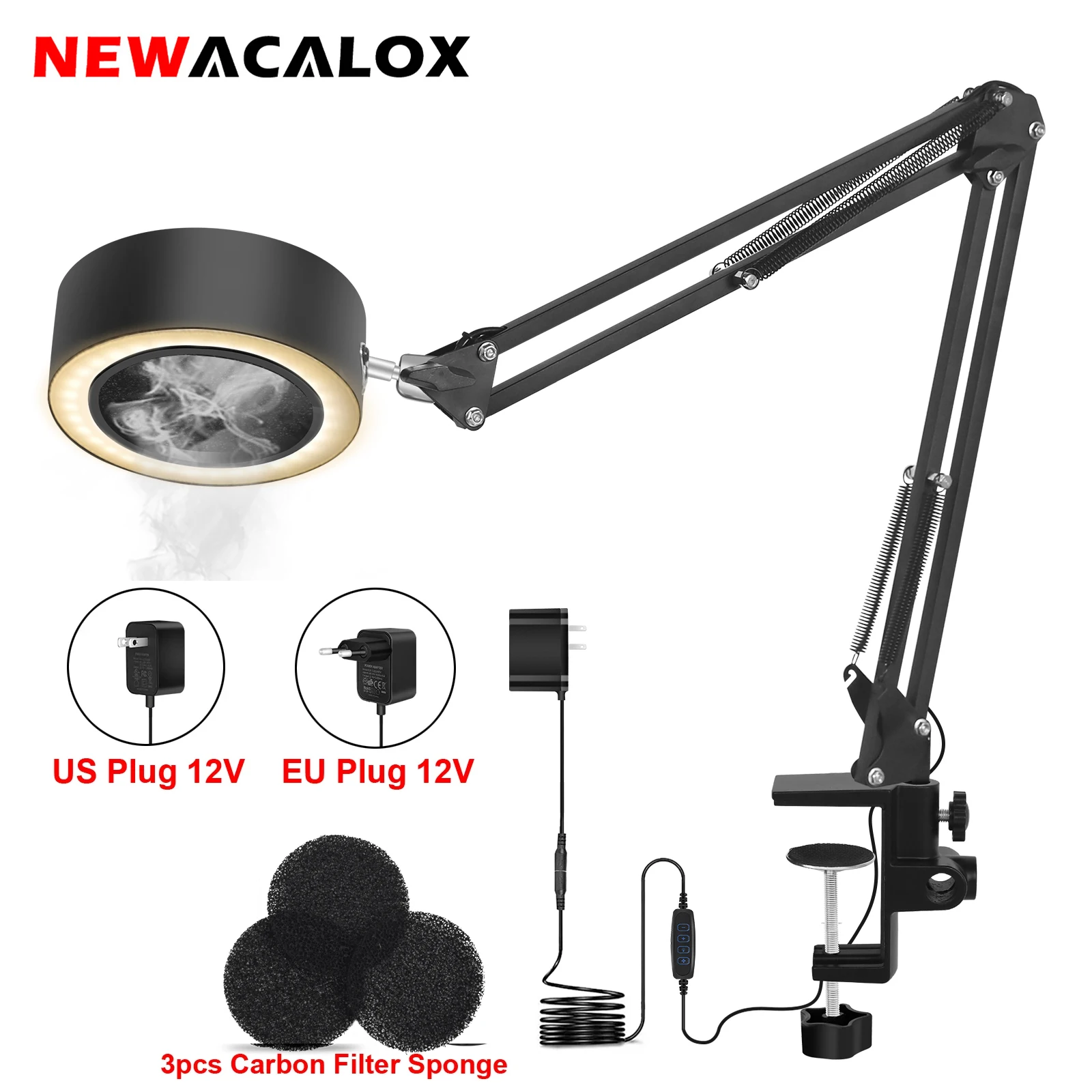 

NEWACALOX Table Clamp Welding Smoking Instrument EU/US Plug Exhaust Fume Fan 3 Colors Adjustable LED Light Soldering Equipment